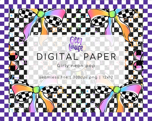 Girly Neon Pop – Seamless Digital Paper with Checker Bows