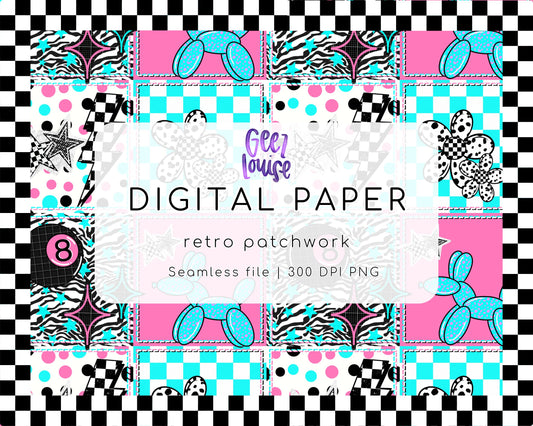 Retro Patchwork Digital Paper | Seamless PNG Pattern | Checkerboard, Zebra & Y2K Style Backgrounds