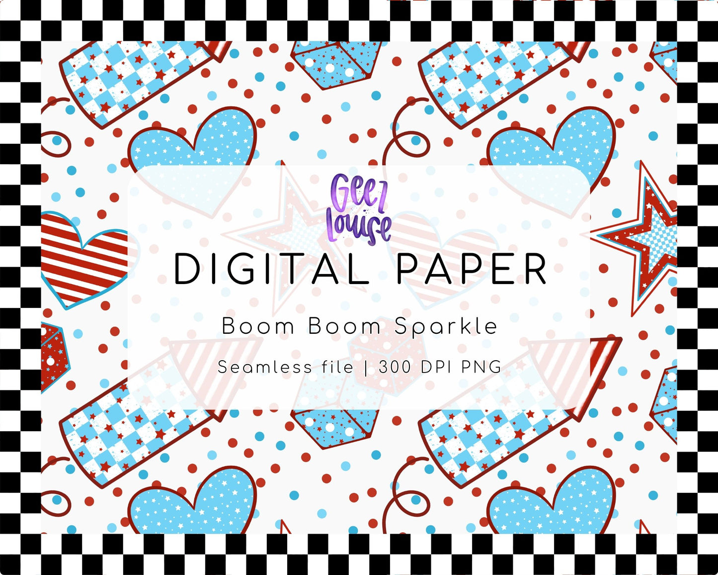 Boom Boom Sparkle Seamless Digital Paper | Patriotic Firework PNG | Red White Blue Pattern | 300 DPI