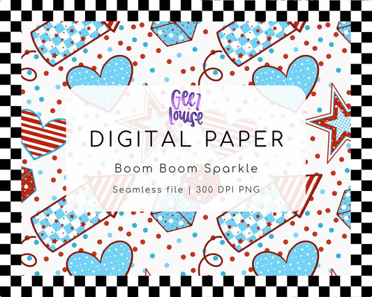 Boom Boom Sparkle Seamless Digital Paper | Patriotic Firework PNG | Red White Blue Pattern | 300 DPI