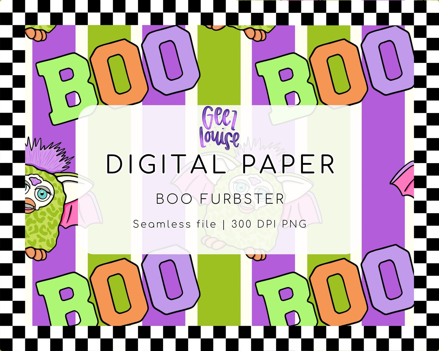 Boo Furbster Halloween Seamless Digital Paper | Retro Monster Stripe PNG Pattern | 300 DPI