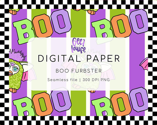 Boo Furbster Halloween Seamless Digital Paper | Retro Monster Stripe PNG Pattern | 300 DPI