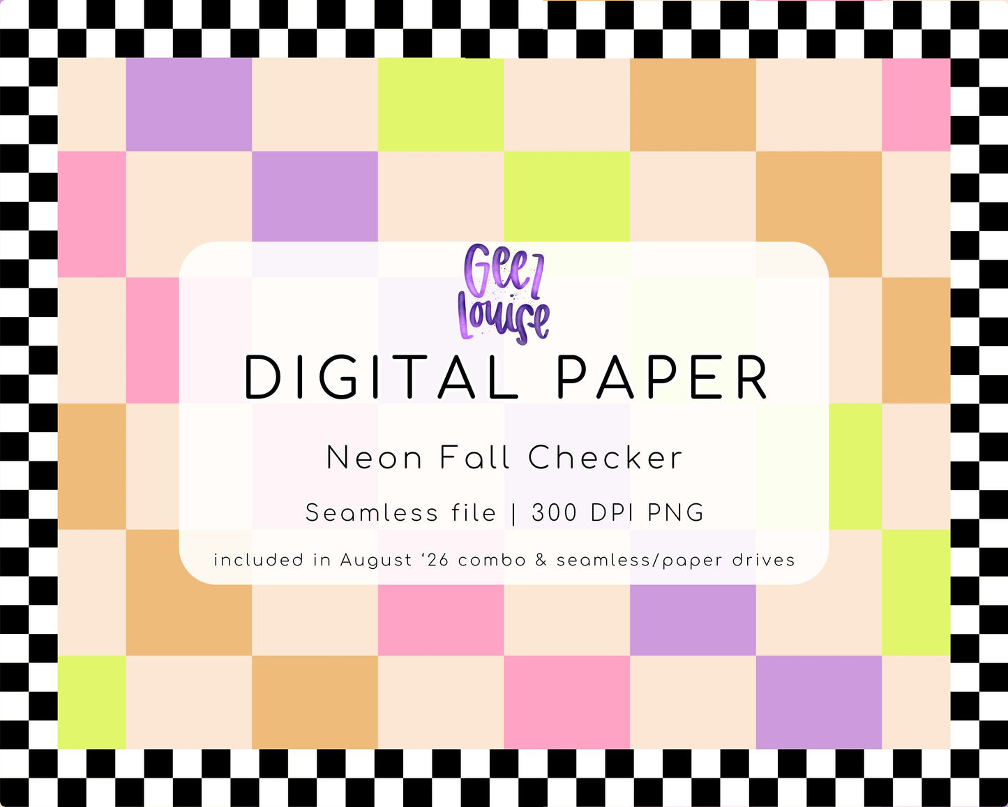 Neon Fall Checker Digital Paper PNG | Colorful Checkerboard Background | August '26 Seamless Drive