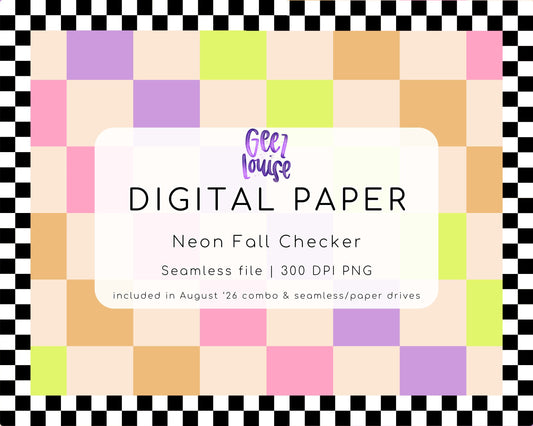 Neon Fall Checker Digital Paper PNG | Colorful Checkerboard Background | August '26 Seamless Drive
