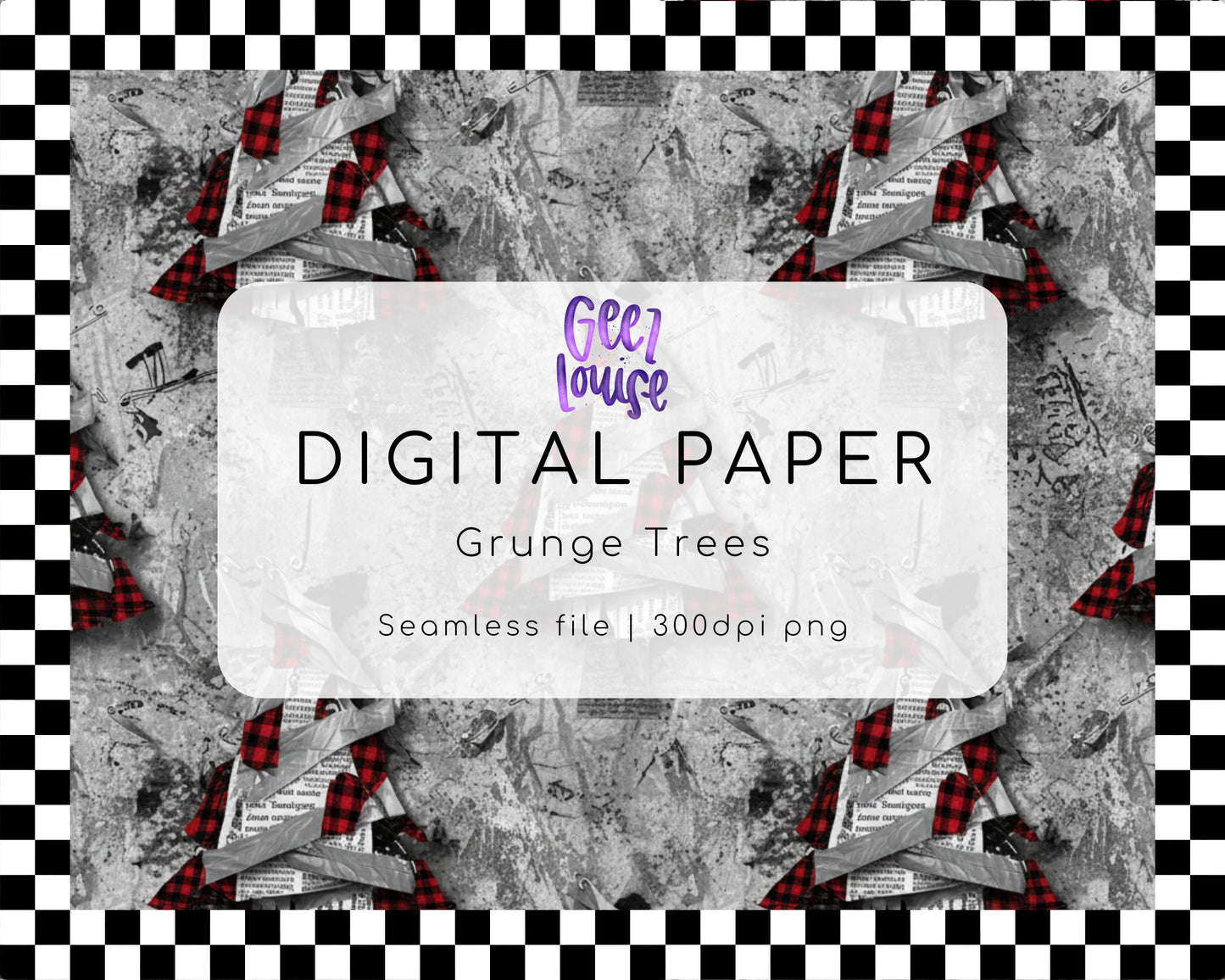 Grunge Trees Digital Paper | Plaid and Newspaper Christmas Seamless Background PNG