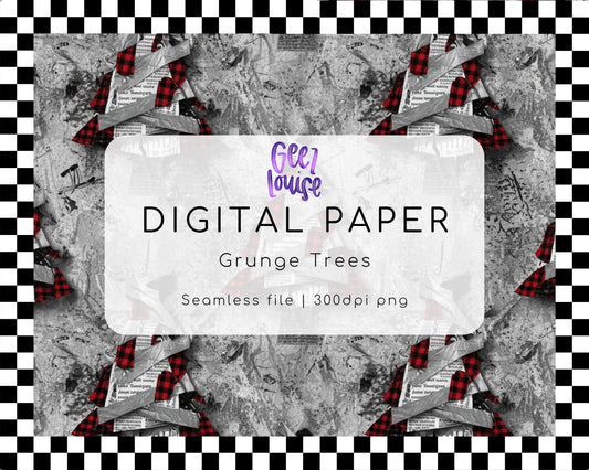 Grunge Trees Digital Paper | Plaid and Newspaper Christmas Seamless Background PNG