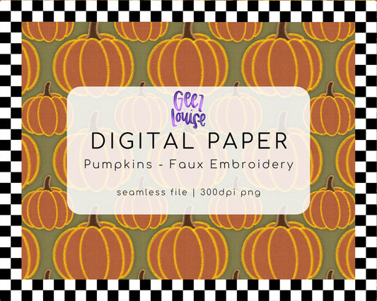 Faux embroidery pumpkin - seamless - Digital Download- PNG