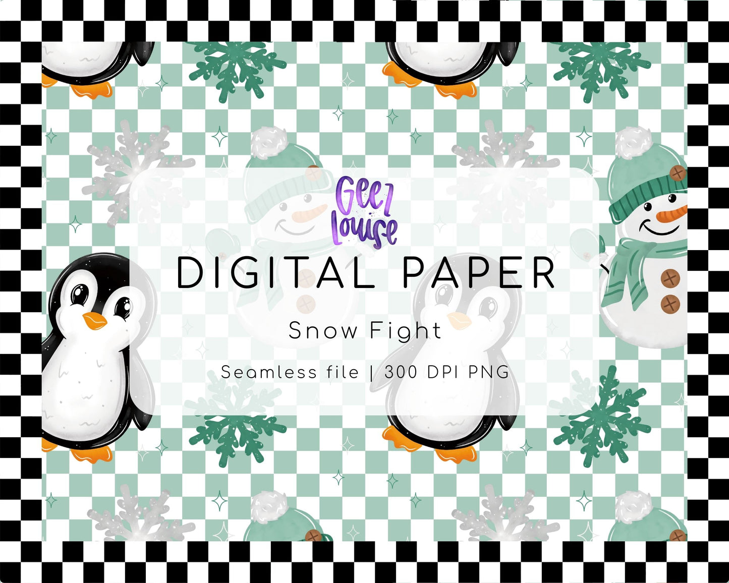 Snow Fight Seamless Digital Paper | Penguin & Snowman Winter Pattern | 300 DPI PNG