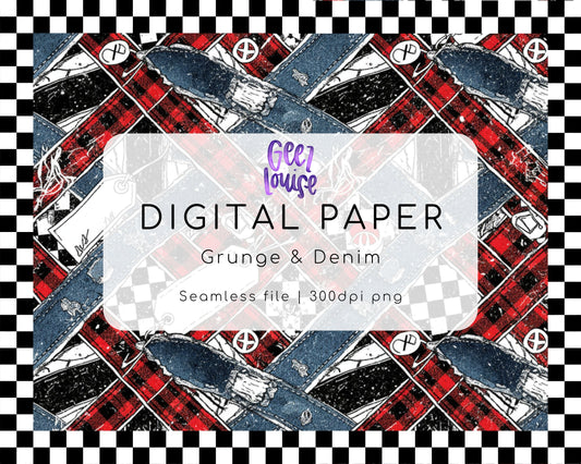 Grunge & Denim Digital Paper | Punk Plaid Seamless Background PNG