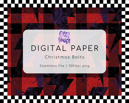 Christmas Bolts Digital Paper | Red Plaid Lightning Seamless Pattern PNG