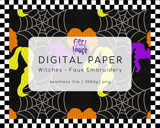 Faux embroidery witches  - seamless - Digital Download- PNG