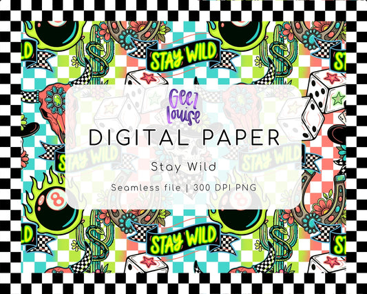 Stay Wild Neon Western Digital Paper | Seamless PNG | 300 DPI | Retro Cactus Skull Design