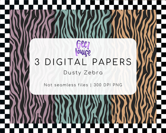 Dusty Zebra Digital Paper Bundle | 3 Animal Print PNG Backgrounds | Printable Craft Paper | August 26 Seamless & Combo Drive