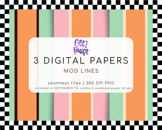 Mod Lines Seamless Digital Paper | 3 Retro Stripe PNG Patterns | September 26 Seamless Paper & Combo Drives