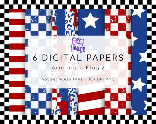 Americana Flag 2 Digital Paper Bundle | 6 Patriotic PNG Backgrounds | Red White Blue Papers | 300 DPI