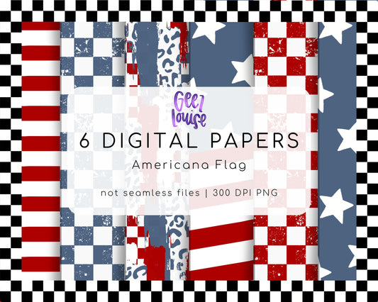 Americana Flag Digital Paper Bundle | 6 Patriotic PNG Backgrounds | Red White Blue Papers | 300 DPI