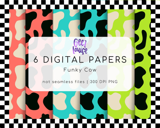 Funky Cow Digital Papers | 6 PNG Files | 300 DPI | Non-Seamless Pattern Pack