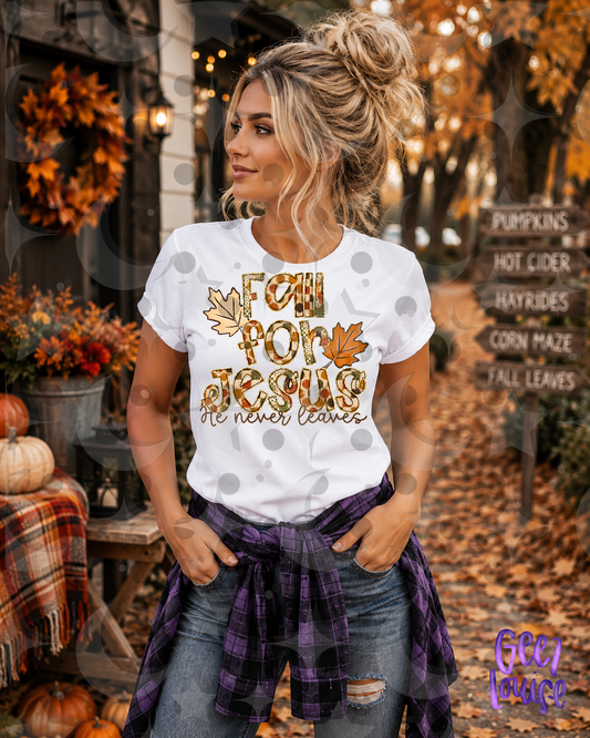 Fall for Jesus He Never Leaves PNG | Christian Fall Design | Autumn Faith Shirt | August 26 Design Drive