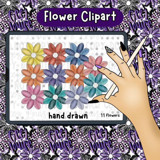 Hand Drawn Flower Clipart – 11 Colorful PNG Elements