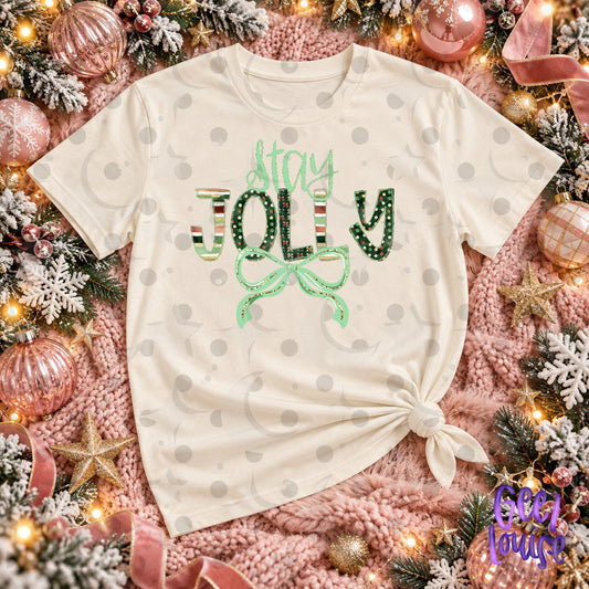 Stay Jolly Christmas PNG | Retro Holiday Bow Shirt Design | Geez Louise