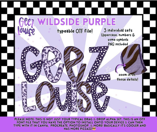 Wildside Purple OTF Font & PNG Alpha Bundle | Animal Print Retro Alphabet Set