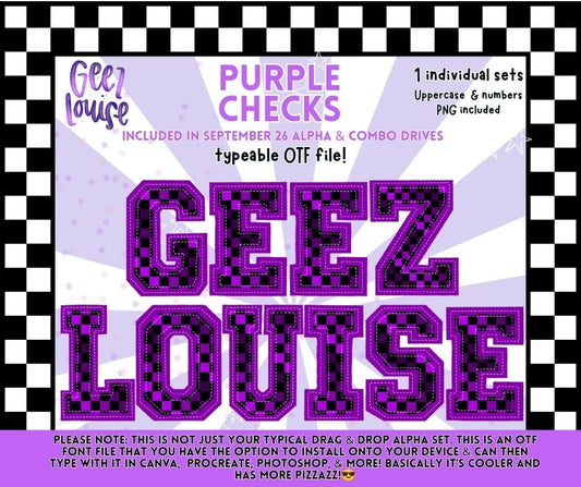 Purple Checks OTF Alpha | Purple & Black Checkered Varsity Font | Uppercase Letters & Numbers
