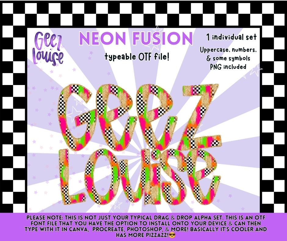 Neon Fusion OTF Font | Bright Checkerboard Alphabet | PNG Alpha Included | August 26 Combo &  Drive