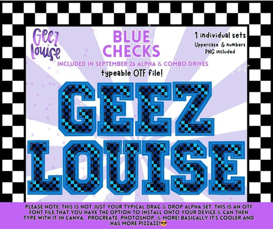 Blue Checks OTF Alpha | Blue & Black Checkered Varsity Font | Uppercase Letters & Numbers