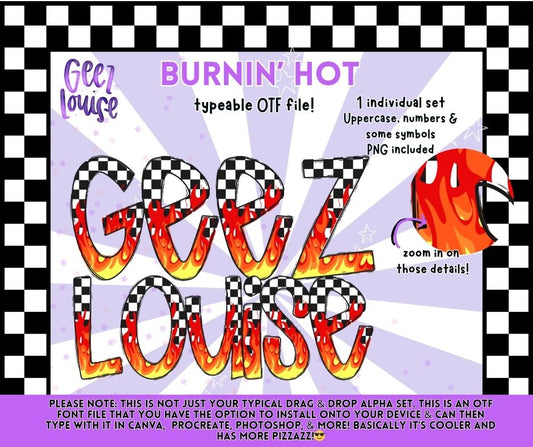 Burnin’ Hot OTF Font & PNG Alpha Bundle | Checkerboard Flame Retro Alphabet Set