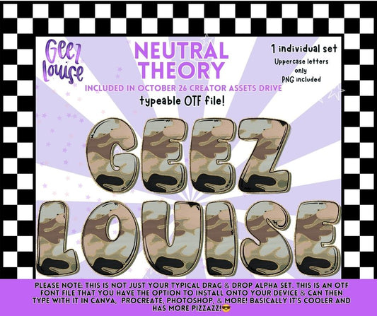 Neutral Theory Camo Alpha | OTF Font + PNG Alphabet