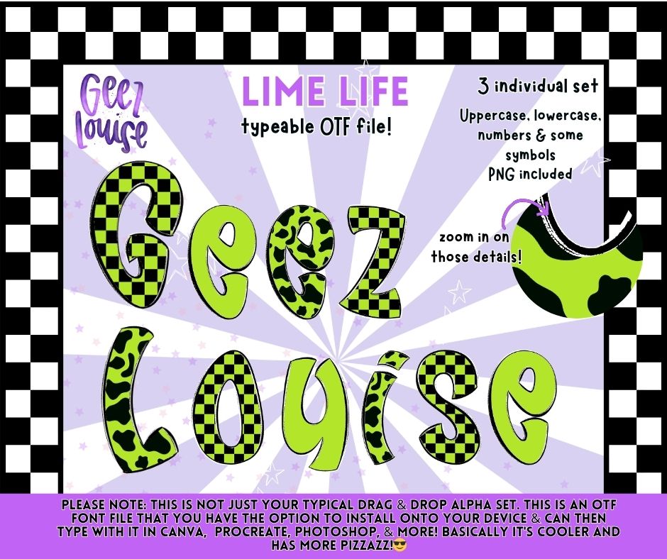 Lime Life OTF Font | Neon Green Checkerboard & Leopard Alpha | Typeable Font + PNG Set | Retro Bubble Letters