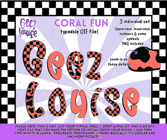 Coral Fun OTF Font | Retro Checkerboard & Leopard Alpha | Typeable Font + PNG Set | Bubble Letter Alphabet