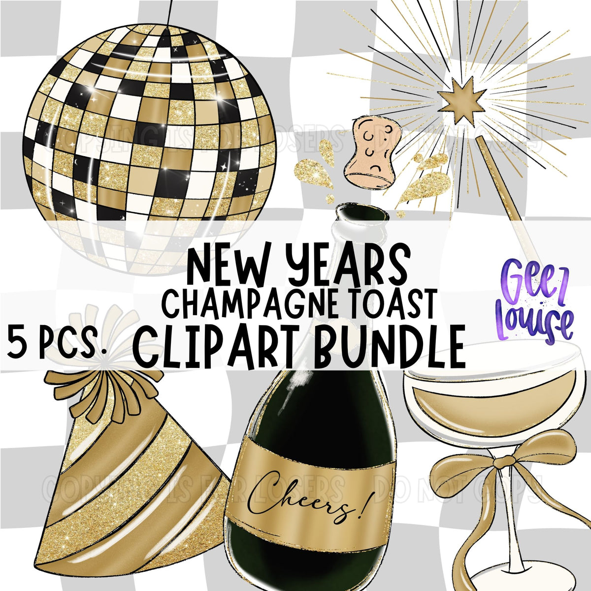 New Years Champagne Toast Clipart Bundle | 5 PNG Party Graphics