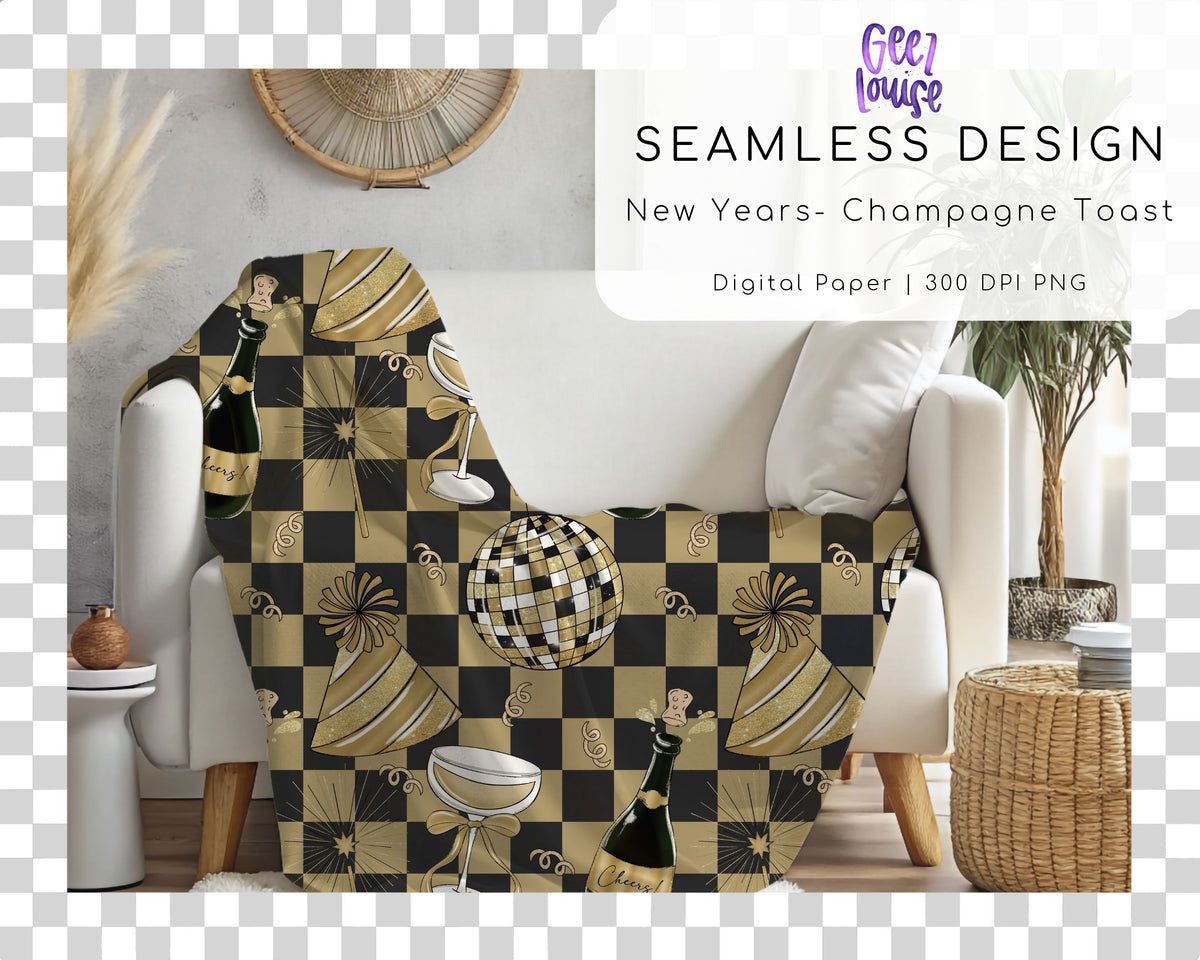 New Years Seamless Pattern | Retro Disco & Champagne Digital Paper PNG