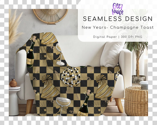New Years Seamless Pattern | Retro Disco & Champagne Digital Paper PNG