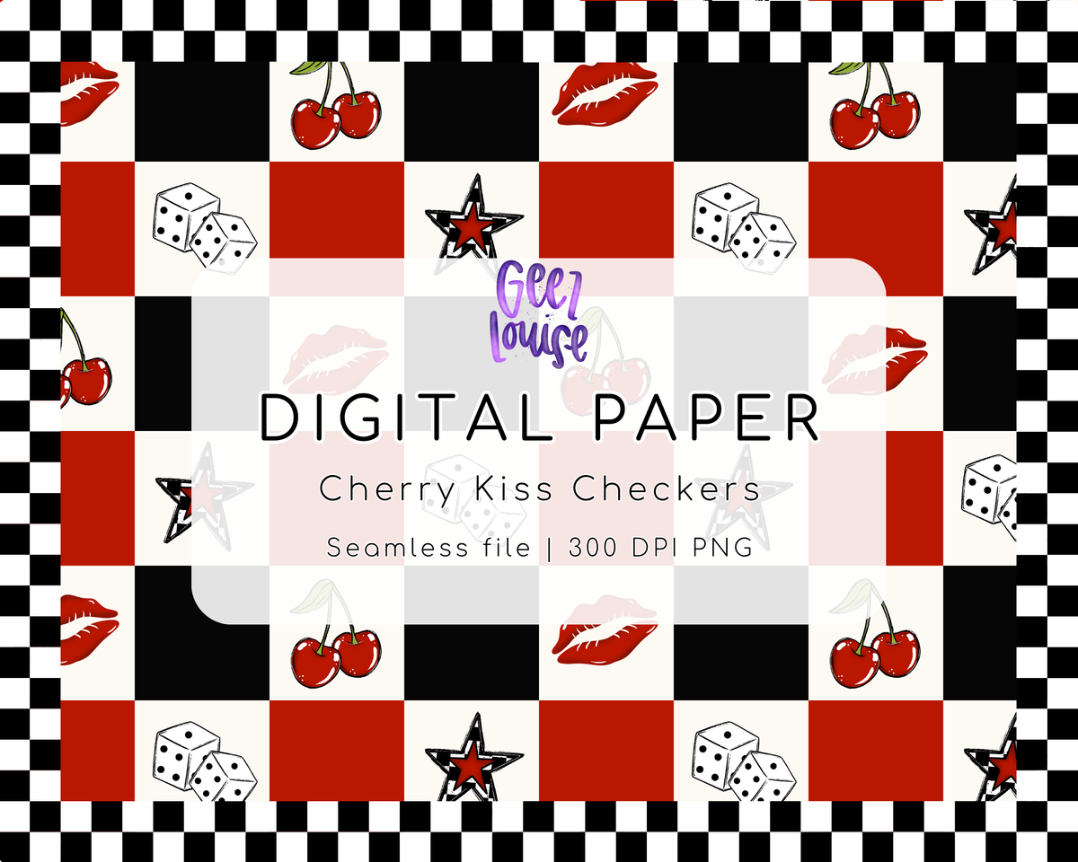 Cherry Kiss Checkers Seamless Pattern | Retro Rockabilly Digital Paper PNG