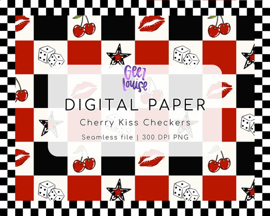 Cherry Kiss Checkers Seamless Pattern | Retro Rockabilly Digital Paper PNG