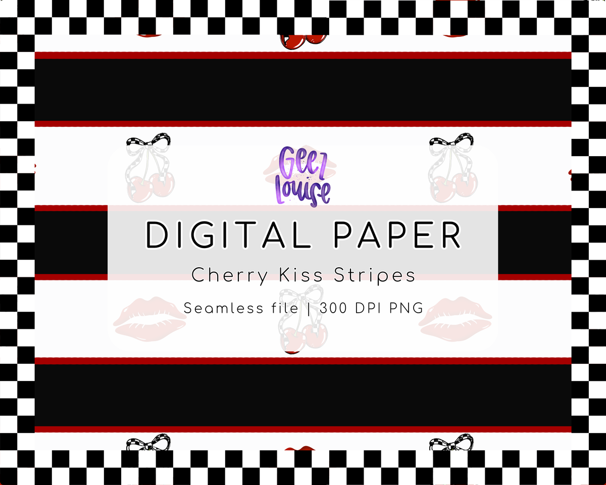 Cherry Kiss Stripes Seamless Pattern | Retro Cherry Digital Paper PNG