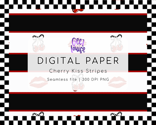 Cherry Kiss Stripes Seamless Pattern | Retro Cherry Digital Paper PNG