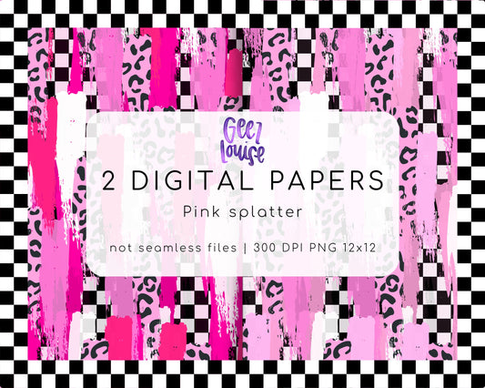 Pink Splatter Digital Papers | Grunge Leopard & Checker | 12x12 PNG