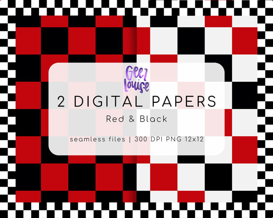 Red & Black Checkerboard Seamless Digital Paper Bundle | 2 PNG Backgrounds | 300 DPI