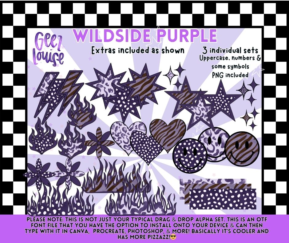 Wildside Purple OTF Font & PNG Alpha Bundle | Animal Print Retro Alphabet Set