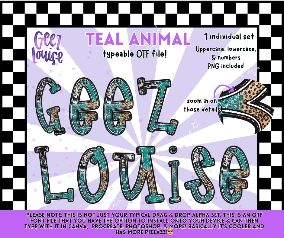Teal Animal OTF Font & PNG Alpha Set | Typeable Alphabet | Uppercase Lowercase Numbers | Digital Download