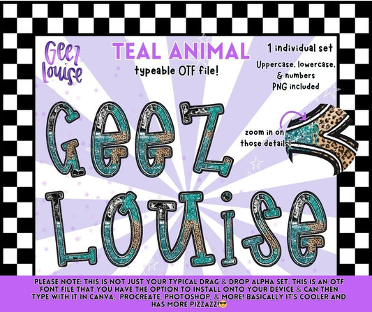 Teal Animal OTF Font & PNG Alpha Set | Typeable Alphabet | Uppercase Lowercase Numbers | Digital Download