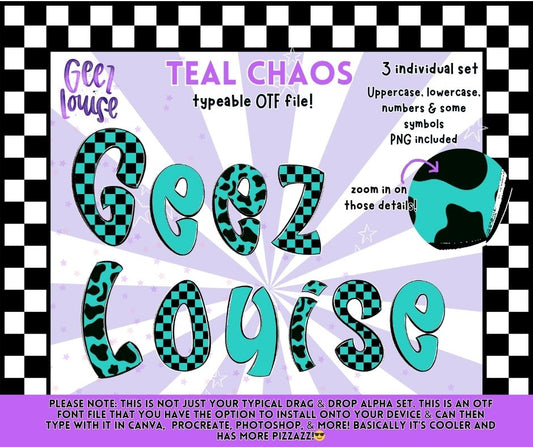 Teal Chaos OTF Font | Funky Checker & Cow Print Alpha | Typeable Font + PNG Set | Commercial Use