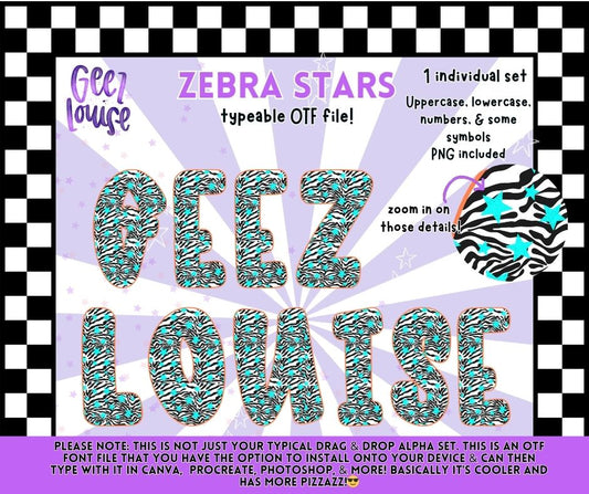 Zebra Stars OTF Font + PNG Alpha Set | Animal Print Star Typeface | Typeable Font for Canva & Procreate