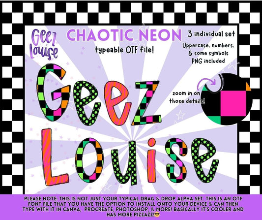 Chaotic Neon OTF Font + PNG Alpha Set | Typeable Retro Neon Font | Uppercase, Numbers & Symbols