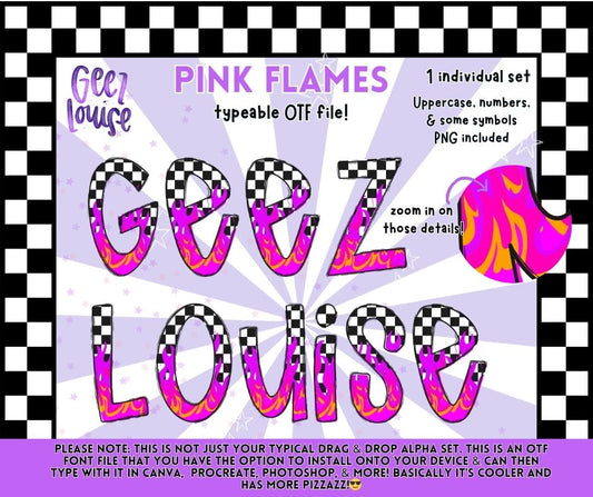 Pink Flames Checkered OTF Font | Typeable Alpha Font + PNG | Retro Neon Grunge Letter Set