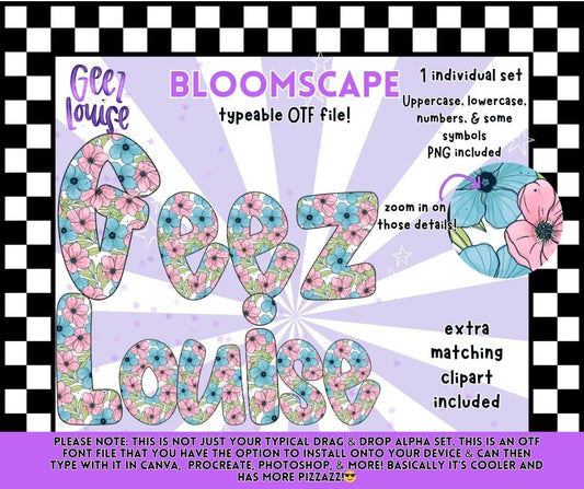 Bloomscape OTF Alpha Set + Matching Floral Clipart Extras | Typeable PNG Font Bundle