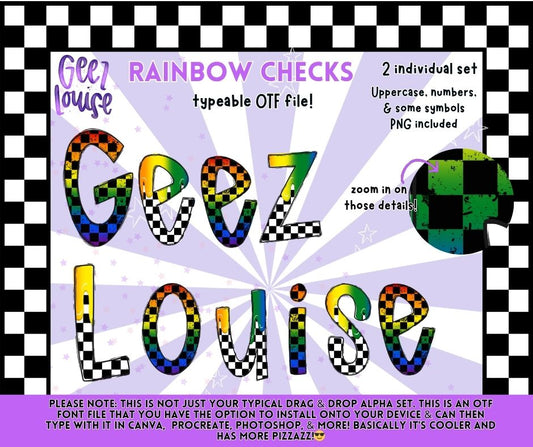 Rainbow Checks OTF Font & PNG Alpha Set | Checkered Drip Letters | Typeable Font for Canva, Photoshop & Procreate